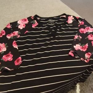 Black Floral Stripe Raglan Tee